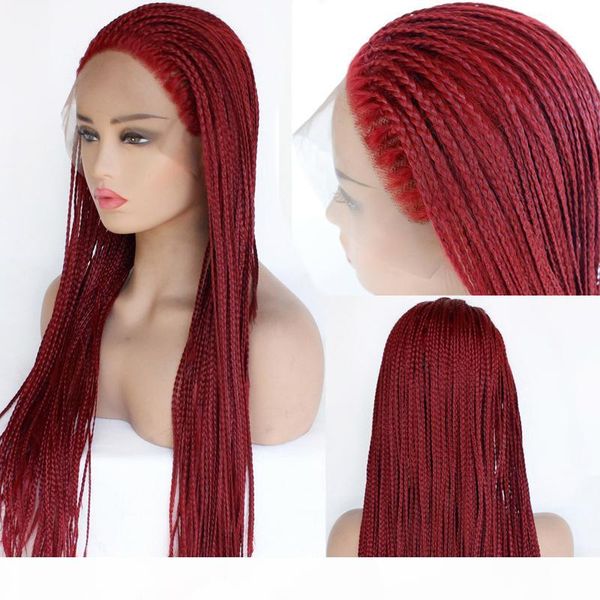 

wholesale braided lace wigs red hair for black women synthetic heat resistant long braids wig glueless half hand tied
