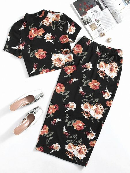 

mock-neck floral & skirt set q4an#, White