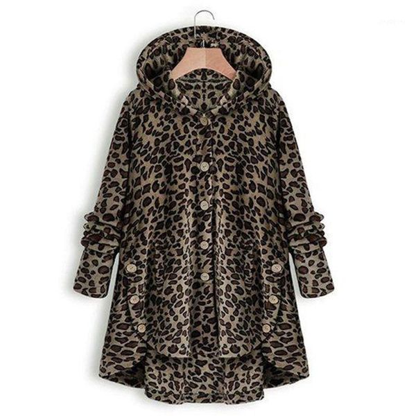 

women button leopard coat fleece jacket asymmetrical hem hooded single breasted winter outerwear women oversize coats1, Black;brown