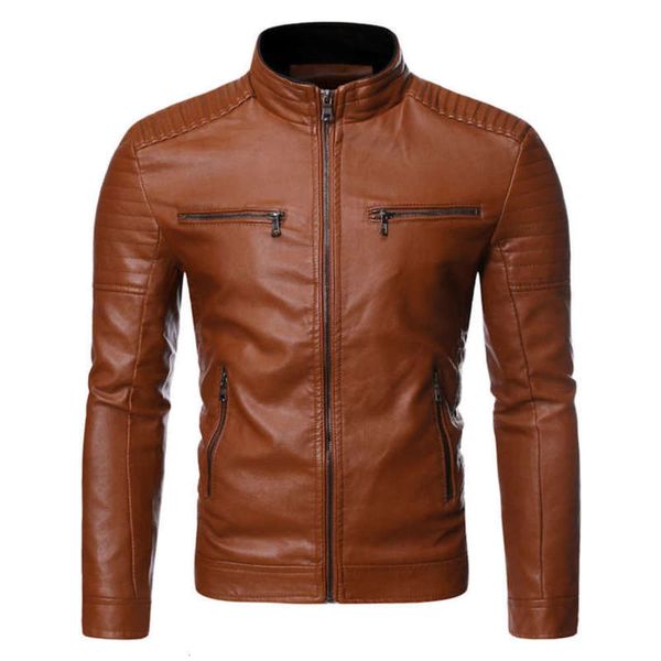 

washed pu youth stand collar motorcycle leather jacket men's, Tan;black