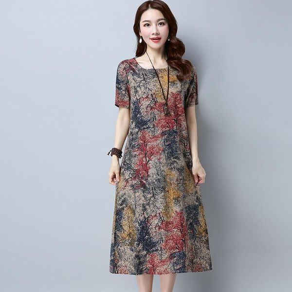 

women cotton linen dress summer plus size casual loose dresses o neck short sleeve print party dresses vestidos 4xl 5xl, Black;gray