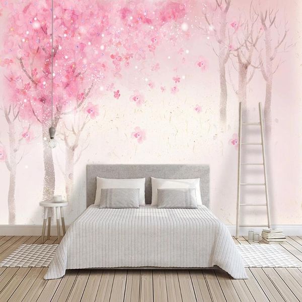 

wallpapers custom po romantic hand painted watercolor pink cherry trees decoration wall painting girls room bedroom mural wallpaper