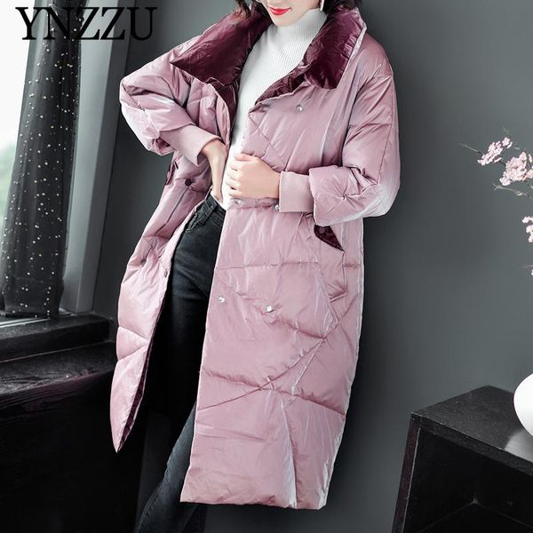 

2020 winter women long down jacket loose turn down collar fashion female outwear double breasted patchwork coat ynzzu 9o107 chic, Black