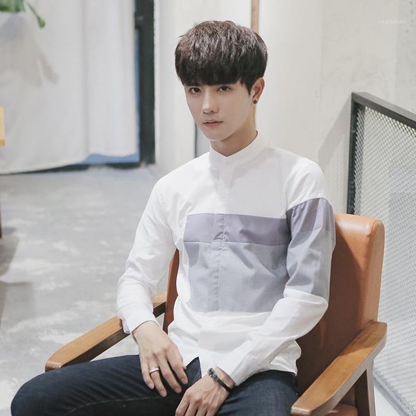 

spring and autumn vertical collar shirt men's long sleeves 2021 body dressing trend shirt splicing japanese men's clothing1, White;black