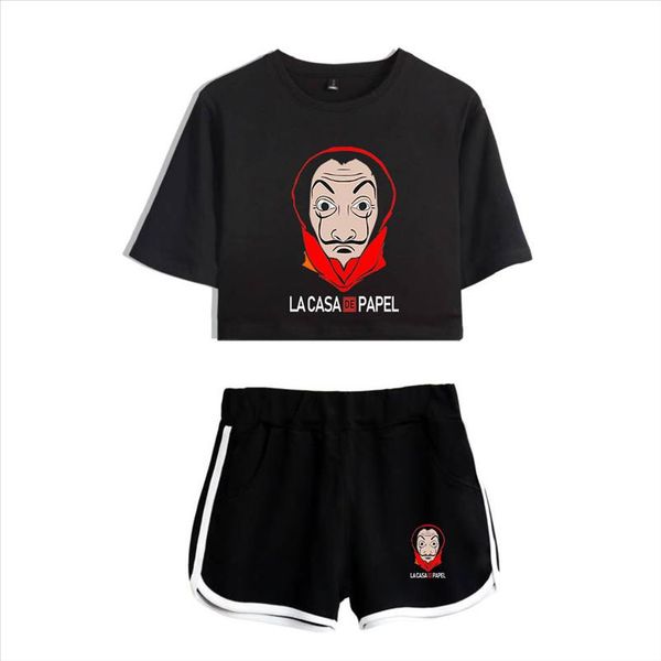 

la casa de papel crop shorts sweat suits women tracksuits money heist house of paper summer two piece outfit streetwear, Gray