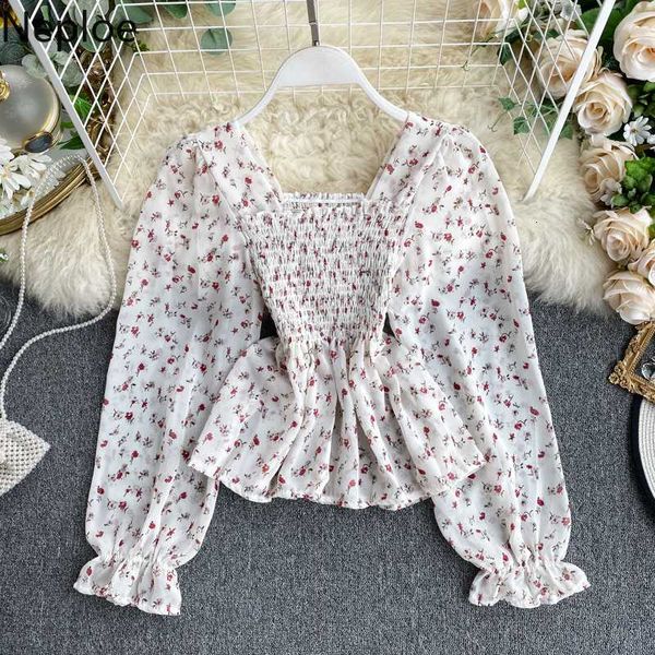 

neploe floral chiffon shirt vintage square collar puff long sleeve blusas 2021 new stretch slim waist ruffle short blouse 57386, White