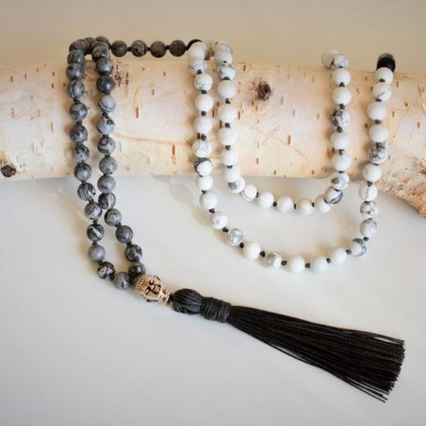 

mala necklaces 108 knotted white howlite matte black onyx necklace mens bohemian tassel necklace buddha jewelry gift for men, Silver