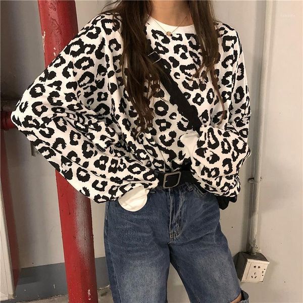

2020 new autumn winter round collar leopard print hoodie women loose korean version casual long sleeve pullover female1, Black