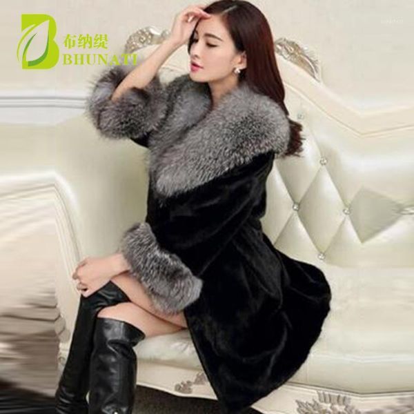 

bhunati women winter thick warm faux fur coat advanced gray artificial fur collar black long coat of faux bcd15070581