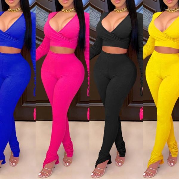 

women v-neck two piece outfits skinny long sleeve stacked leggings solid tracksuit fitness fashion casual cross streetwear1, Gray