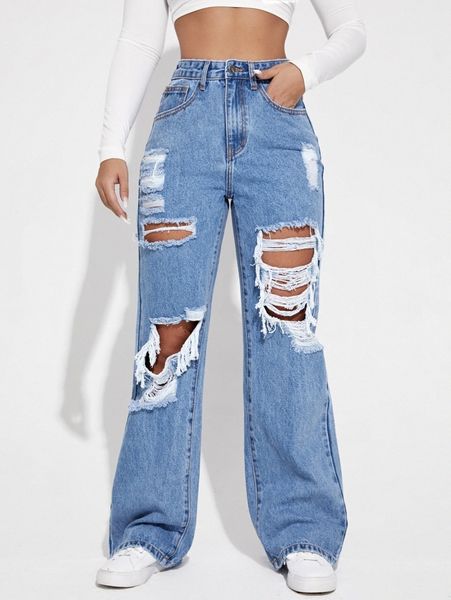 

high waist ripped wide leg jeans 1581#, Blue