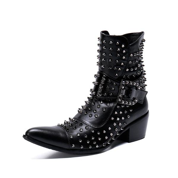 

new men's cow leather shoes match martin boots ankle boots scarpe uomo a pedal all pointed toe genuine leather work & safety zip, Black