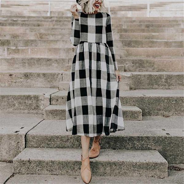 

fashion women plaid dress ladies dresses long sleeve high waist a line dress evening party dresses casual sundresses1, Black;gray