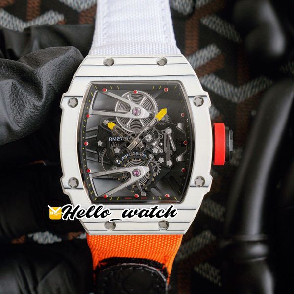 

new white tpt carbon fiber case rm27-02 skeleton dial miyota automatic mens watch white/orange nylon sport watches rmhl hello_watch, Slivery;brown
