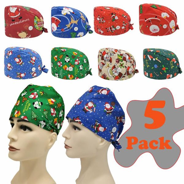 

beanie/skull caps 5pcs/set wholesale christmas print scrub cap with sweatband working button adjustable hats for women men, Blue;gray