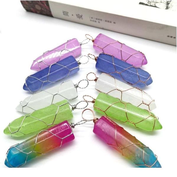 

natural stone hexagonal column quartz necklaces handmade antique copper wire wrap crystal pendant gem necklace women men jllvqs, Black