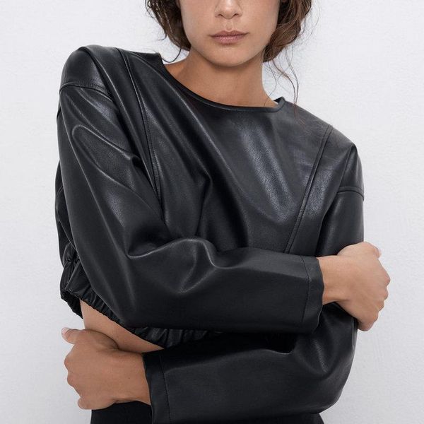 

2020 new fashion women korean faux leather pu batwing blouses shirts female autumn loose elegant short ladies hp1, White