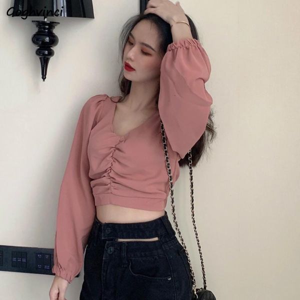 

shirts women puff long sleeve v-neck chic crop solid streetwear v-neck womens shirt pleated elegant blouses retro slim, White