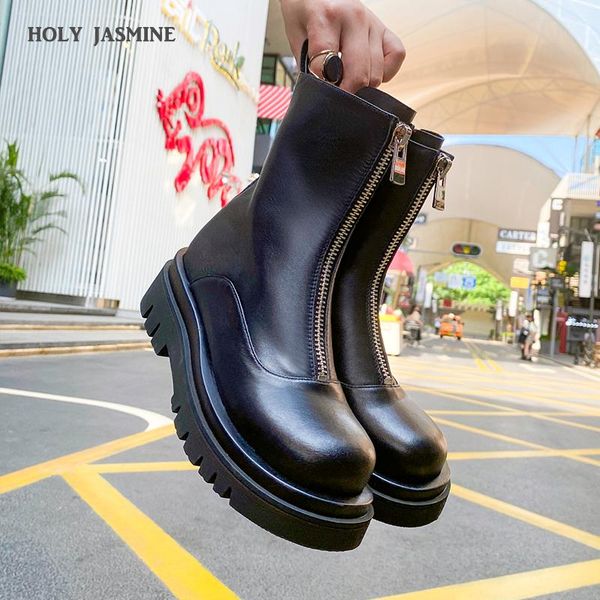 

2020 new women genuine leather boots fashion handmade cow leather short boots front zipper platform ankle for women, Black