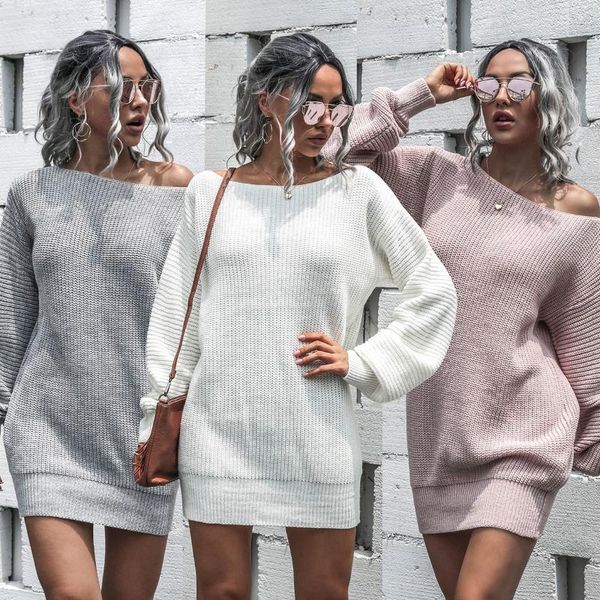 

женщины женщин ladies досуг теплое элегантное мягкое повседневные зимы сплошной цвет с плечом фонарь рукав вязать свитер платье, Black;gray