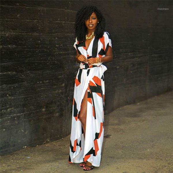 

casual dresses short sleeve women summer dress geometry printing boho long maxi v neck evening party long1, Black;gray