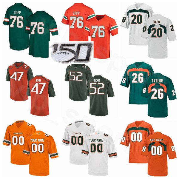 NCAA Futebol Miami Hurricanes College 20 Ed Reed Jersey 52 Ray Lewis 26 Sean Taylor 47 Michael Irvin Warren Sapp Laranja Verde Branco