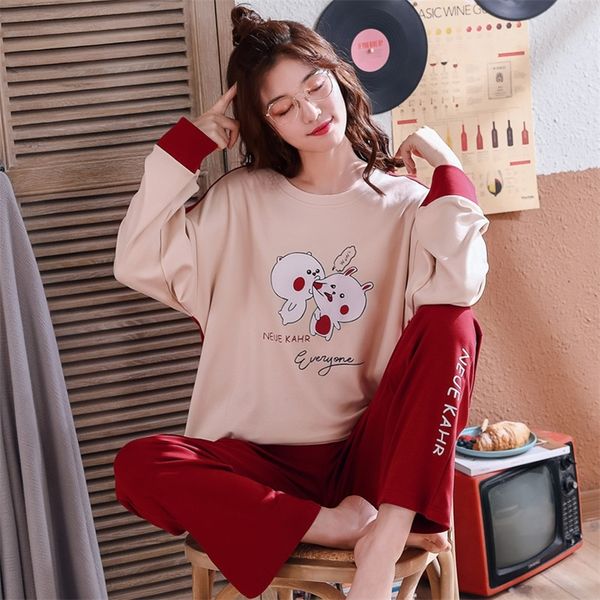 

july's song women pajamas set spring autumn new thin cartoon printed long sleeve cute sleepwear casual homewear female pyjamas y200708, Black;red