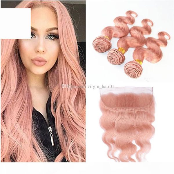 

rose gold human hair weaves with lace frontal body wave pink hair with 13x4 full lace frontal closure virgin brazilian remy hair bundles, Black;brown