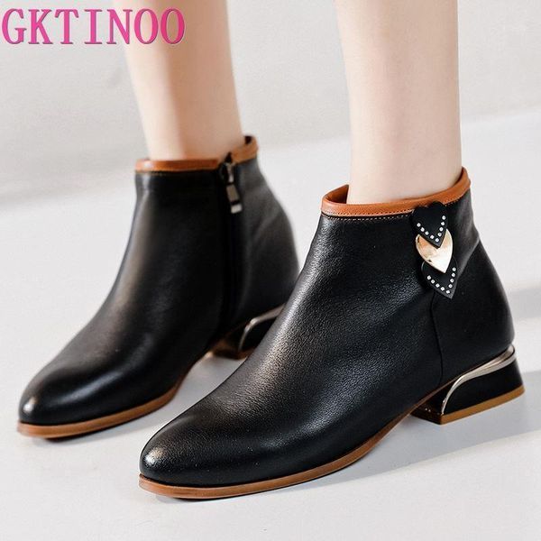 

boots gktinoo fashion women short low heels genuine leather ankle 2021 winter warm fur plush shoes big size 431, Black