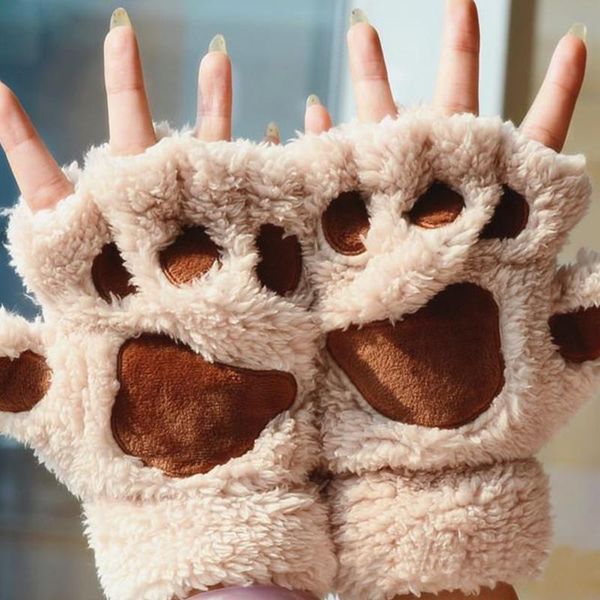 

five fingers gloves cute plush bear claw mitten winter half-finger keep warm women accessories, Blue;gray