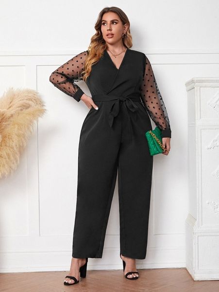 

plus contrast polka dot mesh belted wide leg jumpsuit i7mu#, Black