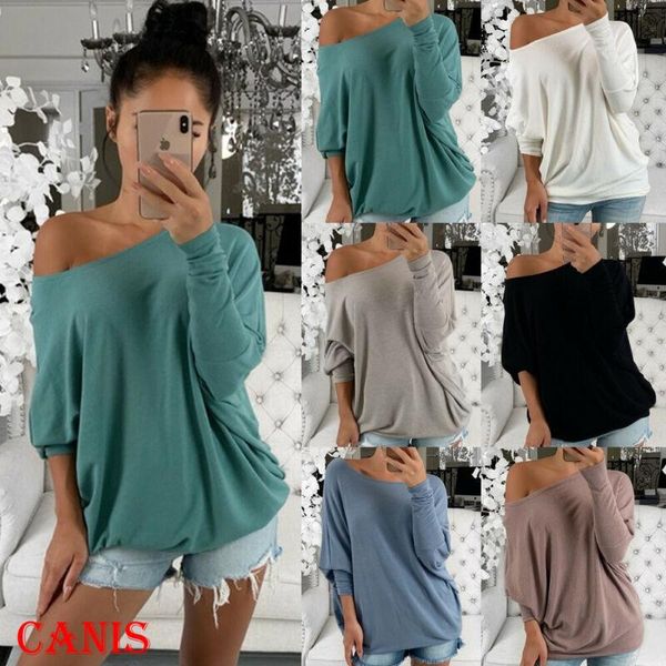 

women's long sleeve blouse off shoulder shirt ladies solid loose casual top, White