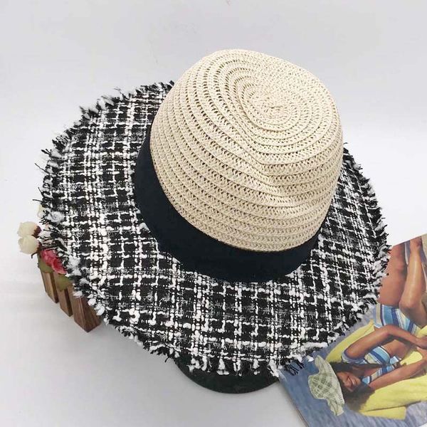 

brushed color plaid cloth stitching straw hat ruili socialite handmade knitted hat summer  brand hat womens, Blue;gray
