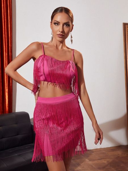 

fringe trim crop cami & bodycon skirt s3fd#, White