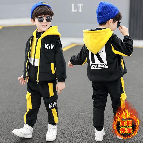 

4-14t boys corduroy 3pcs clothing set for winter 2020 new fashion plus velvet thick warm clothes clothing suit high quality, White