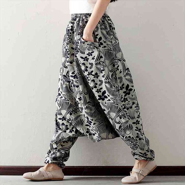 

summer big crotch floral baggy pants casual fluid boho low drop crotch bloomers elastic waist indian nepal loose harem pants, Black;white