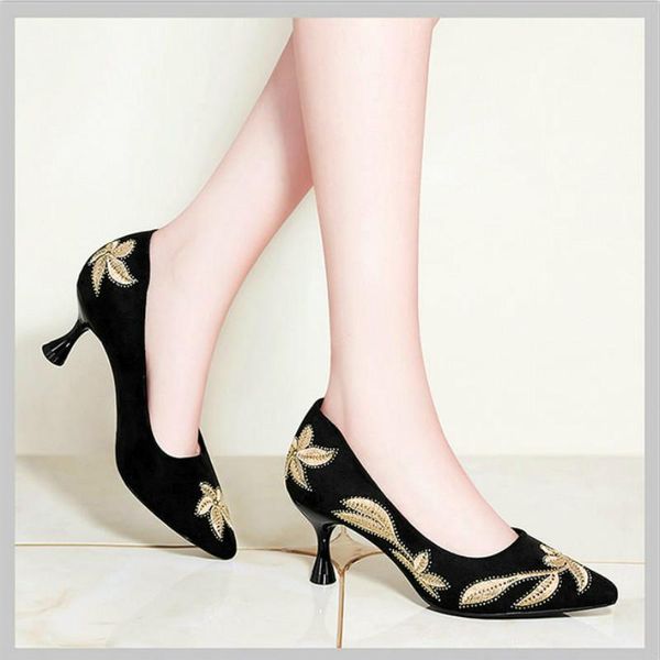 

pointed toe dress shoes basic pumps women boat lady shoes faux suede high heels embroidery decoration woman mujer u18-12, Black