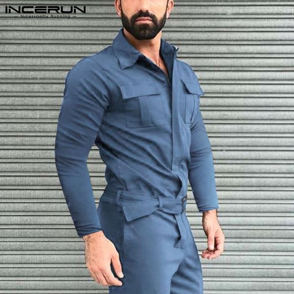 

incerun mens fashion solid color rompers men cargo overalls pockets zippers jumpsuits leisure long sleeve lapel bib pants s-5xl, Black