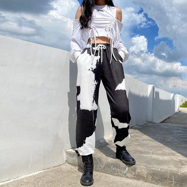 

fashion milk cow print drawstring joggers harajuku women high waist baggy casual sport pants sweatpants streetwear trousers, Black;blue