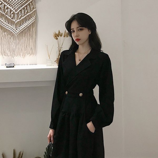 

антии французский стиль платье 2020 platycodon grandiflorum талии меньшинством dressnational костюм хепберн черный dressslim воротник платья, Black;gray