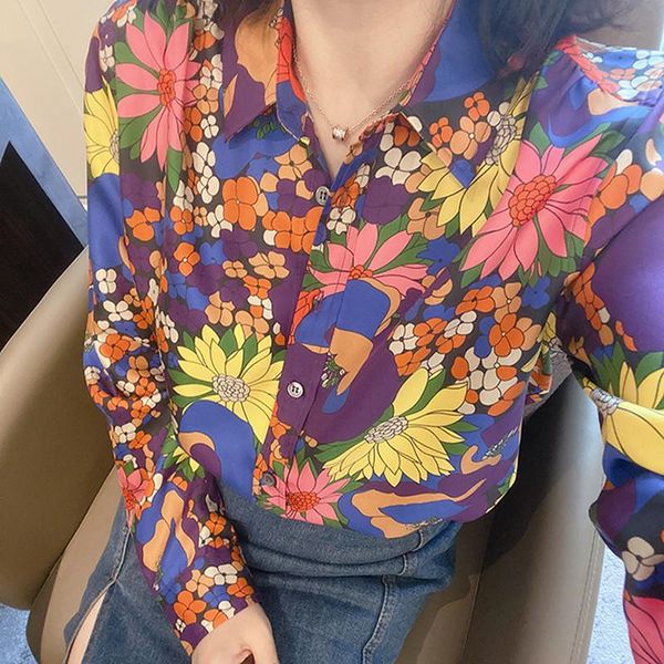 

women's floral printed shirt 100% silk turn-down collar prairie chic long sleeve loose ladies blouse, White