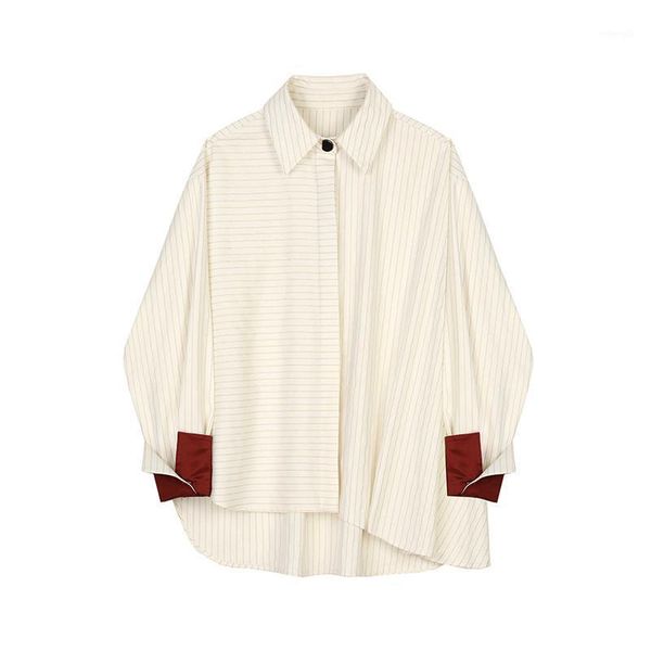

striped turn down collar women shirts long sleeve autumn 2020 new design color matching irregular loose blouse women1, White