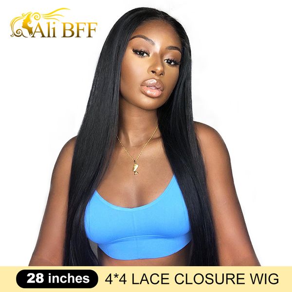

ali bff 4x4 lace closure wig straight lace front human hair wigs preplucked brazilian frontal wig 180% density remy wigs, Black;brown
