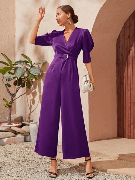 

surplice front puff sleeve wide leg belted jumpsuit s3aj#, White