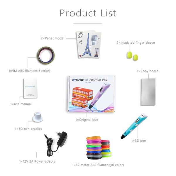 

myriwell printer 3d printing drawing pen with 50 meters 10 color abs filament magic maker arts for student gift y200428