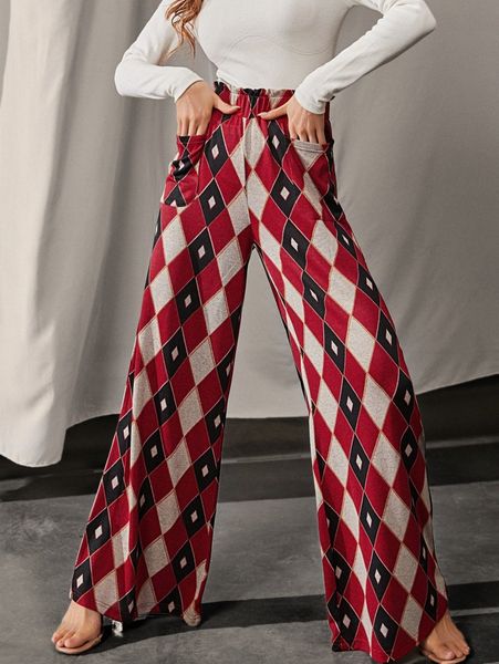 

luukse argyle print pocket patched wide leg pants 07qq#, Black;white