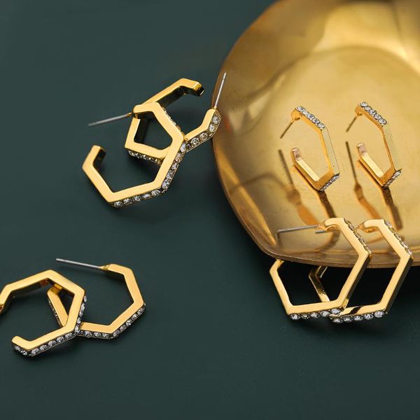 

hoop & huggie fashion geometric polygon rhinestone earrings for women simple gold color circle statement party jewelry, Golden;silver