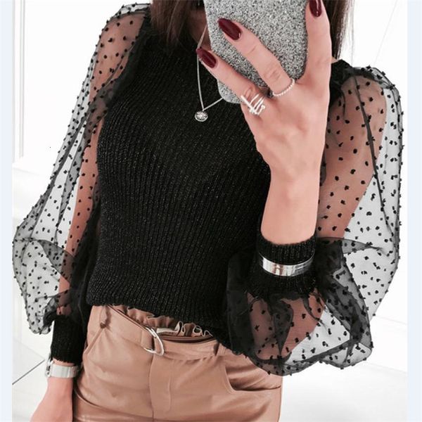 

Puff Sleeve Solid Color Knitwear Mesh Sheer O-Neck Pullover Blouse For Autumn Women Polka Dot Shirt Tops