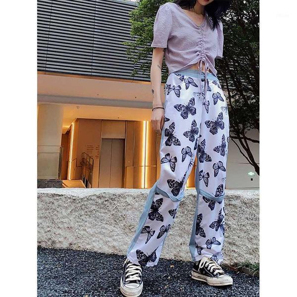 

high waisted jeans retro patchwork butterfly print homestay casual couple loose straight leg wide leg jean feminine trend1, Blue