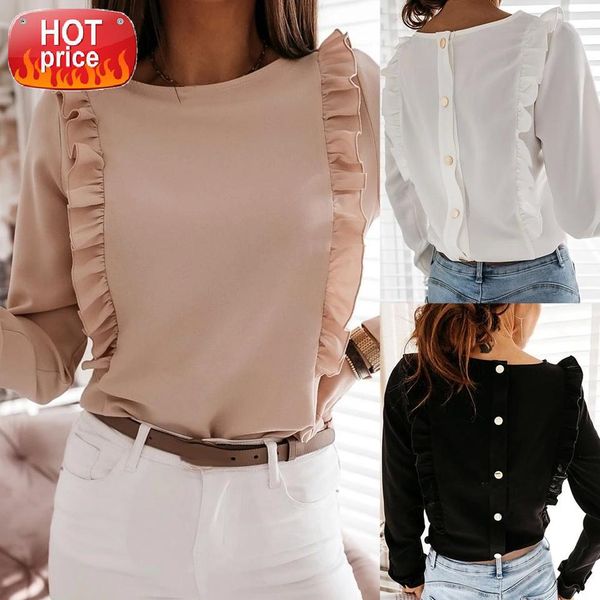 

women casual solid color long sleeve ruffled edge back shirt #ka8z, White